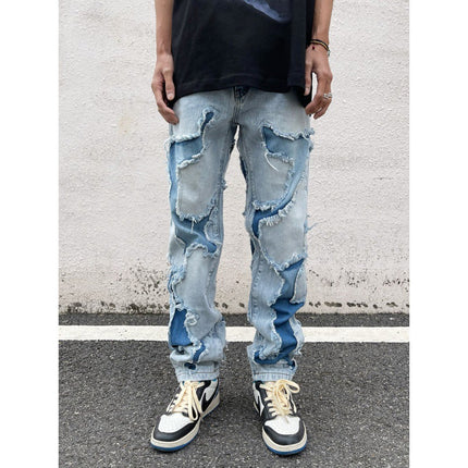 American Street Knife Cut Hole Patch Washed Straight Jeans Men's and Women's High Street Personalized Hip-Hop Loose Long Pants