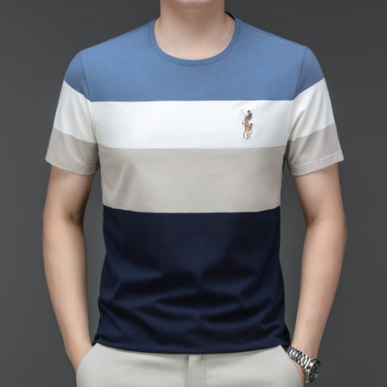Mingdi Mouse Men's Summer New Pure Cotton T-Shirt Round Neck Stripesd Business Casual Short-Sleeved Young and Middle-Aged Men's T-Shirt