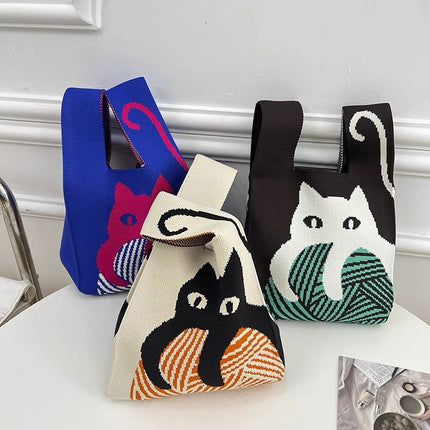 Knitted Handbag Women's Spring New Cartoon Woven Hand Bag Work Sundry Bag Gift Bag Lunch Bag