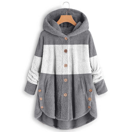 Amazon 2025 Autumn/Winter European and American Style Button-Up Hooded Cat Ear Plush Top Irregular Trendy Patchwork Jacket for Women