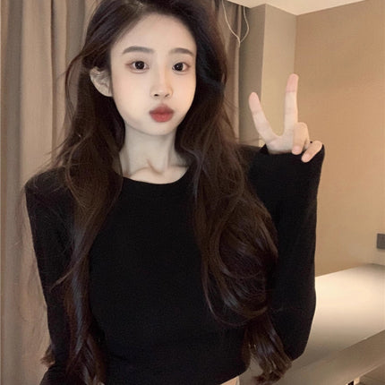 Trendy Spicy Girl Backless Long-Sleeve T-Shirt with Hollow Design for Women, Autumn Inner Wear Crop Top