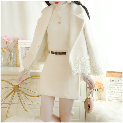 Winter New Wool suit Women's Thickened Lambskin Coat Fashion Skirt suit Skirt Elegant Two-piece Set