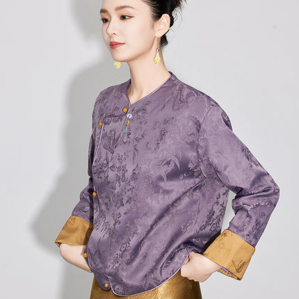 【Zhīhé Táng】New Chinese-Style Jacquard Pendant Jacket for Women, Autumn National Style Round Neck Buttoned Long-Sleeve Top 3969