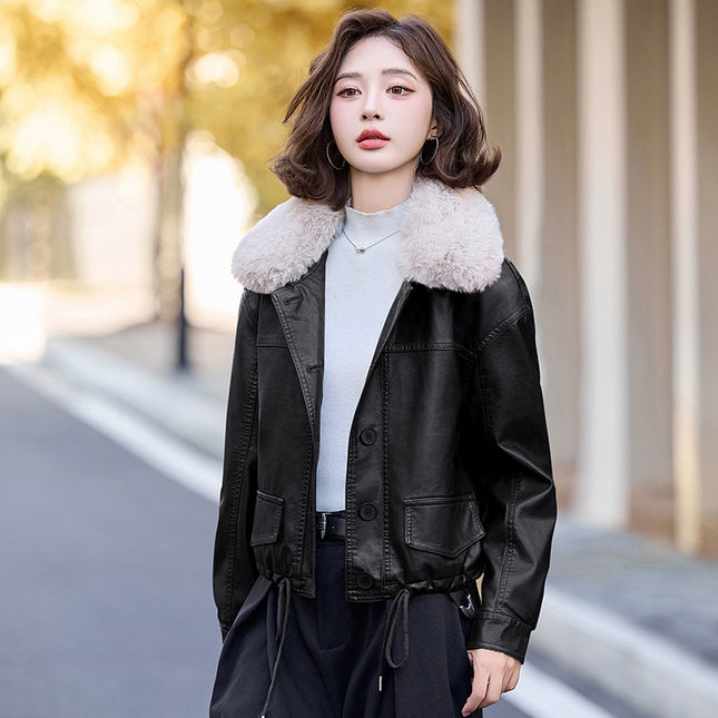 Fur Collar Leather Jacket Autumn and Winter fleece-lined Thickened 2024 Winter New Short PU Leather Motorcycle Jacket Top