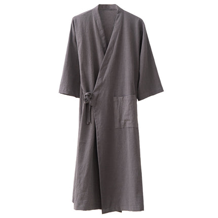 Spring and Summer Linen Cotton and Linen Chinese-Style Side-Breasted Bathrobe Bathrobe Home Wear Set Mid-Length Nightgown Bathing Spa Hotel