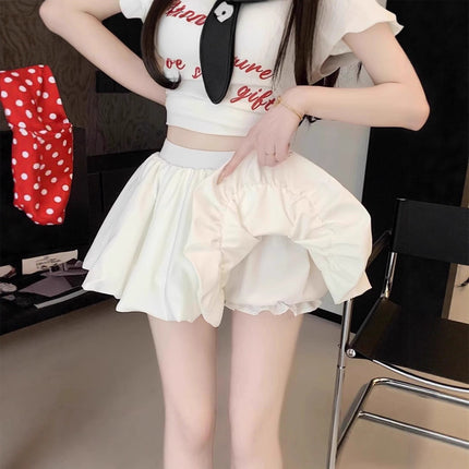 French-Style Color-Blocking Floral Bud Skirt for Women, Summer Petite Gray Plaid Short Skirt, Anti-Exposure A-Line Puffy Skirt