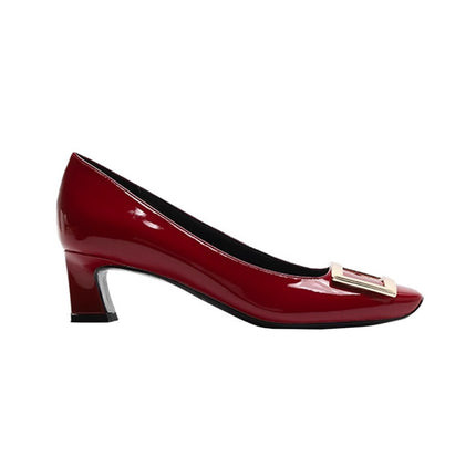 wine red Square Buckle Single-layer Shoes Women's Thick Heel Square Toe High Heel Stiletto Feet High-end French Elegant Flat Shoes
