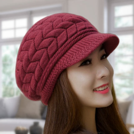 Vintage Women Winter Warm Knitted Hat Cold Weather Running Camping Walking Fashion Skiing Cap with Sun Visor