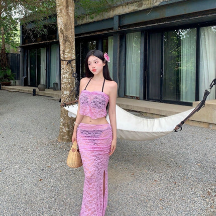 European and American Cross-Border 2025 New Sexy Slim Two-Piece Lace See-Through Suspender Top Skirt Swimsuit for Women
