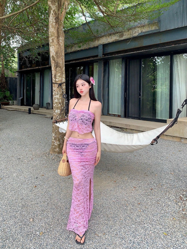 European and American Cross-Border 2025 New Sexy Slim Two-Piece Lace See-Through Suspender Top Skirt Swimsuit for Women