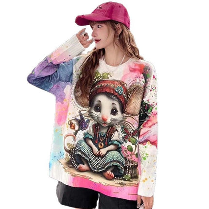 2025 Autumn and Winter New Heavy Industry Hot Drilling Tie-Dyeing Cartoon Sweater Women's Loose Fashion Top European Belly Covering Sweater