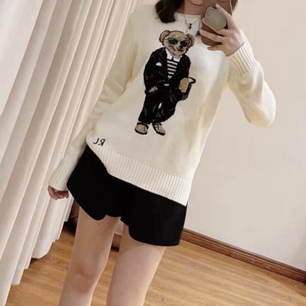 Pony~New Autumn and Winter Women's Round Neck Embroidered Sunglasses Cartoon Suit Bear Cute Age-Reducing Versatile Knitwear