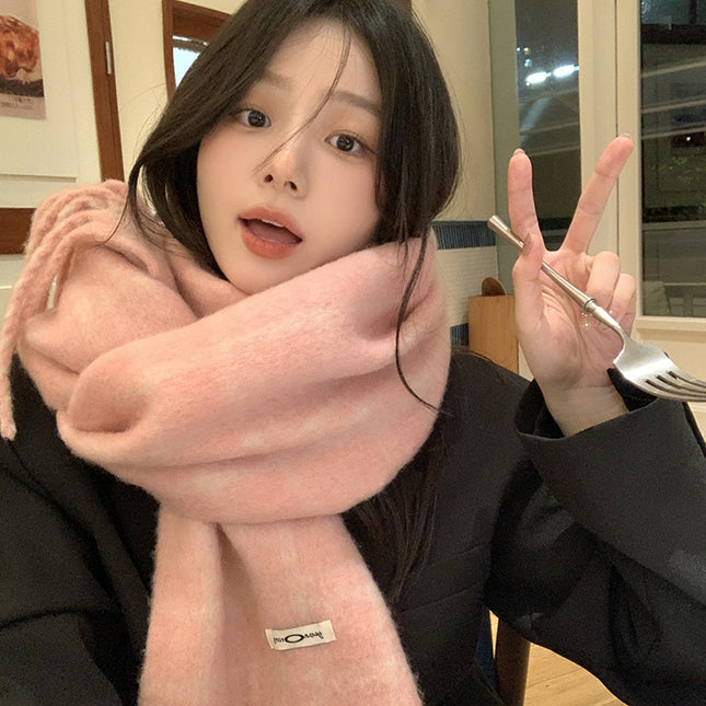 Korean Style Solid Color Tassel Plush Scarf Women's Winter Outdoor Cycling Student Commuting Warm Cold-proof Fashionable Scarf