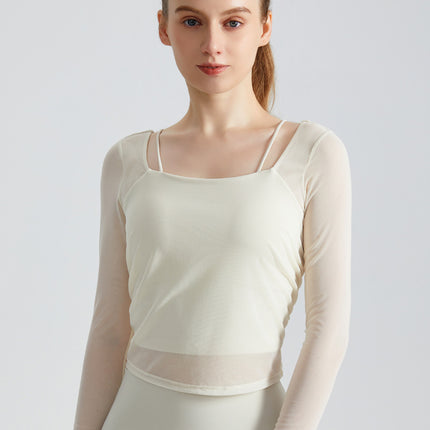Weiman Sports Yoga Clothing Top with Chest Pad, Slim Fit Outer Wear, Running Fitness Mesh Breathable Long-Sleeved Fitness Clothing