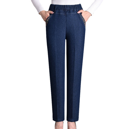 Women's Loose-Fitting Jeans with Elastic Waistband, Stretchy, Casual High-Waisted Pants for Middle-Aged and Elderly Women, Fleece-Lined, Dark-Colored, Slimming Effect