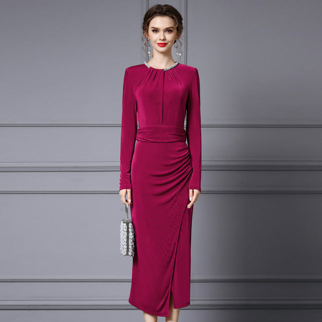 Elegant and Alluring Slit Dress 2026 Spring New High Society Burgundy Slimming Light Gown Dress