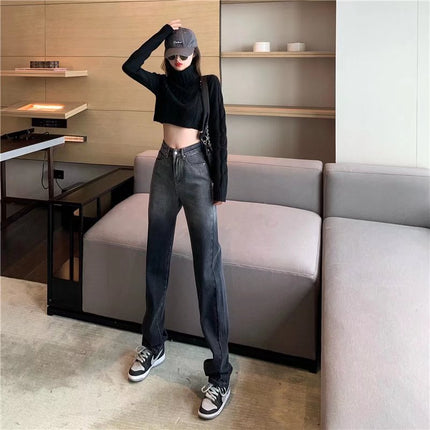 Loose wide-leg jeans women's high waist slimming 2024 New Hong Kong style retro straight mop pants niche design sense