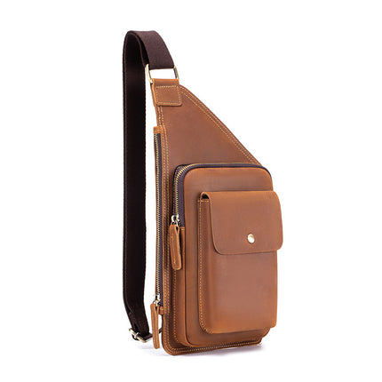 Men's Bag Sports Chest Bag First Layer Cowhide Crossbody Men's Bag Large Capacity Crossbody Bag European and American Retro Crazy Horse Leather Chest Bag