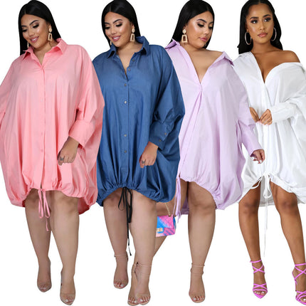 H002 Amazon Aliexpress Independent Station Supply Long-Sleeved Solid Color Loose Dress