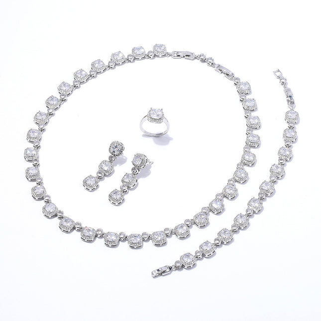 Square Fashion European and American Bridal suit Banquet Luxury Necklace Earrings Ring Bracelet AAA Zircon Jewelry suit