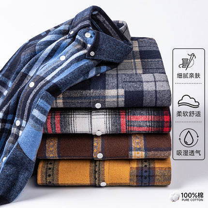 New Spring and Summer Pure Cotton Men's Shirts, Brushed Plaid Long-Sleeved Casual Shirts, Slim Fit, Fashionable and Versatile Tops Wholesale