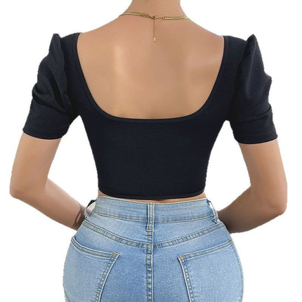 Pure Desire Style Short Spice Girl Vest Top Summer Square Collar Slim-Fit Elastic Design Fish Bone Short Sleeve European and American Women's Clothing