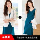 White suit + peacock blue dress / S