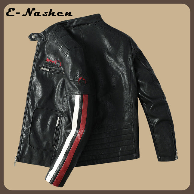 Men's Leather Jacket Autumn and Winter Motorcycle Leather Racing Suit Color Matching Embroidered Motorcycle Pu Jacket Windproof Cotton Jacket