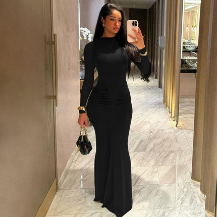 Independent Station Cross-Border Hot Sale Autumn Women's Solid Color Long-Sleeved Round Neck Pleated Simple Sexy Dinner Hip-Hugging Dress