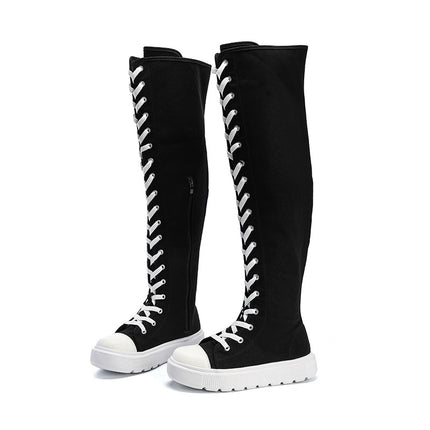 Cross-Border 2024 Spring New Large Size Women's Shoes High-Top Strap Side Zipper Canvas Shoes Simple Long-Tube Over-The-Knee Boots