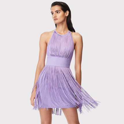 New halter backless sleeveless solid color waist slimming temperament tassel hip mini bandage banquet dress women
