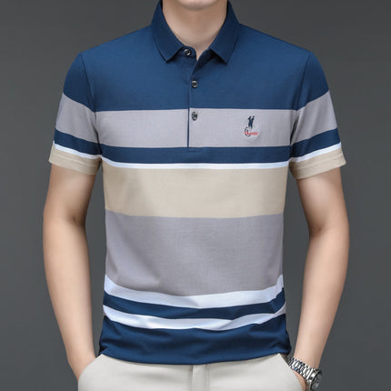 Mingdi Mouse Men's Summer New Pure Cotton Short-sleeved Men's T-shirt Striped Casual Lapel Large Size Men's Polo Shirt