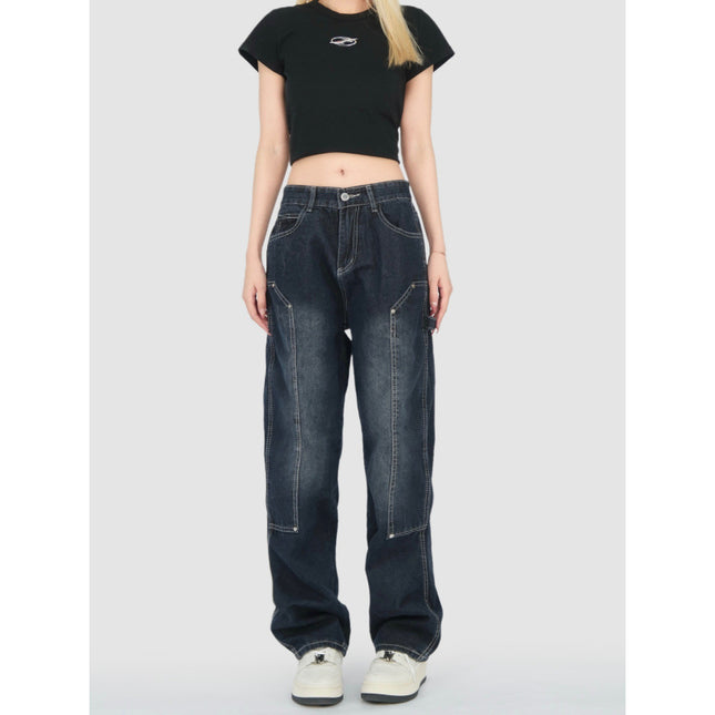 Real Shot of Retro Jeans for Women, High Street High Waist Loose Straight Pants, Wide Leg Drapey Floor Mopping Pants