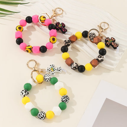 2025 Amazon New Printed Silicone Bead Bracelet Leopard Print Teacher's Day Bead Bracelet Pu Tassel Keychain