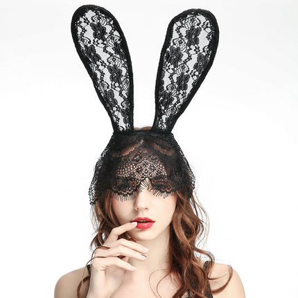 Fun Accessories New Lace Big Rabbit Ears Black Hair Band Mask Party Photography Halloween Headwear