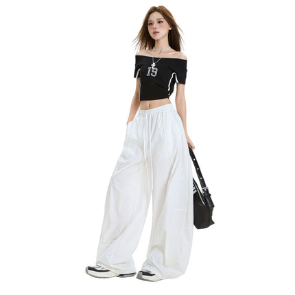 Fashionable Lazy Style Wide-Leg Casual Pants for Women, Summer Thin Design with Spliced Drawstring Elastic Waist, Loose Scimitar Pants