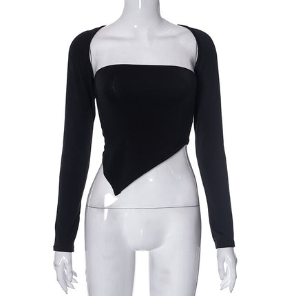 M23Tp004 European and American Style Women's Spring New Solid Color Long-Sleeve Shawl Off-Shoulder Bustier Crop Top Wholesale