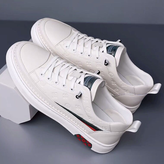New Trendy White Sneakers with Hidden Height Increase for Men, Casual Leather Shoes