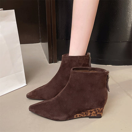 Sheepskin Leopard Print Wedge Short Boots for Women 2025 Autum New Retro Style High Heel Rear Zipper Slim Boots for Women