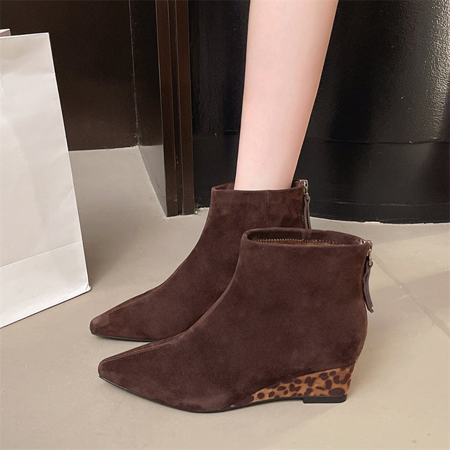 Sheepskin Leopard Print Wedge Short Boots for Women 2025 Autum New Retro Style High Heel Rear Zipper Slim Boots for Women