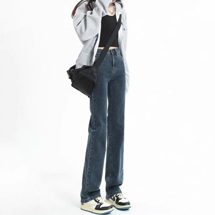 Black Grey Smoke Tube Jeans Women's Trendy All-match Korean Style High Waist Slimming Stretch Slim-fit Niche Narrow Straight Leg Pants