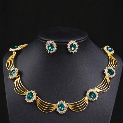 Cross-Border Gemstone Necklace, Artistic Retro Medieval Court Jewelry, Fan-Shaped Aesthetic Internet Celebrity Style Necklace and Earrings Set