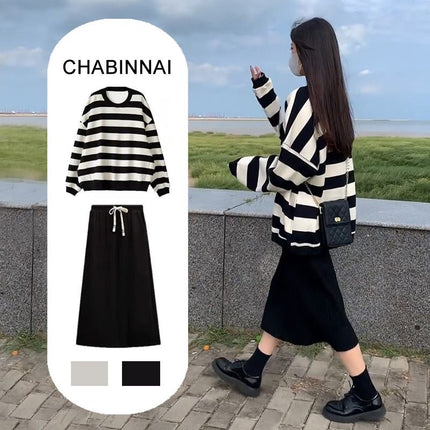 Spring and Autumn Women's Hong Kong-style Slimming Loose Striped Sweat Half-length Skirt Wear a Complete Set of Korean-style Two-piece Suit
