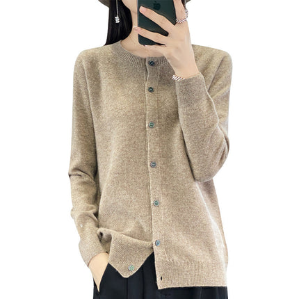 2024 Seamless One Round Neck 100 Wool Cardigan Women's Osmanthus Needle Long Sleeve Jacket Top Base Shirt