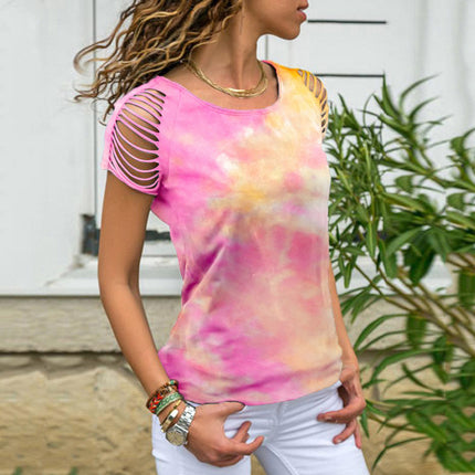 European and American cross-border 2023 Summer Amazon WISH foreign trade new women's tie-dyed ripped burnt flower off-shoulder short sleeve t-shirt