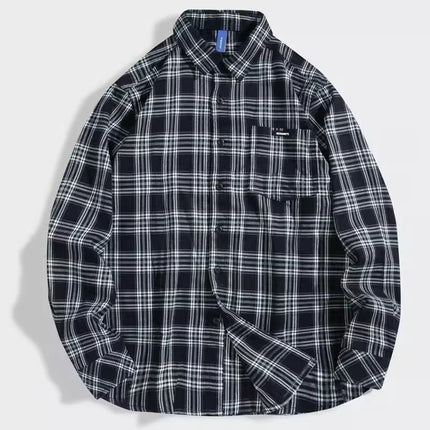 2023 Spring and Autumn New brushed Japanese Plaid lapel shirt men's long sleeve loose men's retro shirt coat men