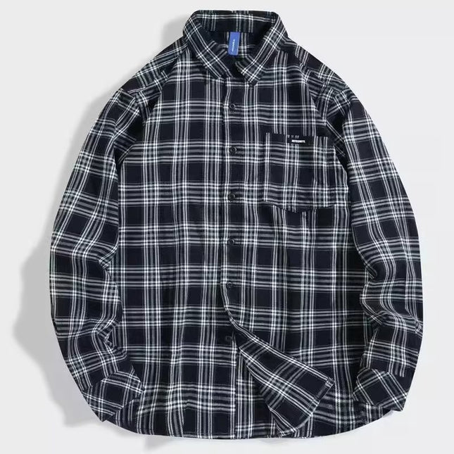 2023 Spring and Autumn New brushed Japanese Plaid lapel shirt men's long sleeve loose men's retro shirt coat men