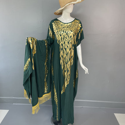 (In-Stock Cross-Border Exclusive) Popular African Robe Set with Rayon Gold-Stamped Large Headscarf, Loose Fit