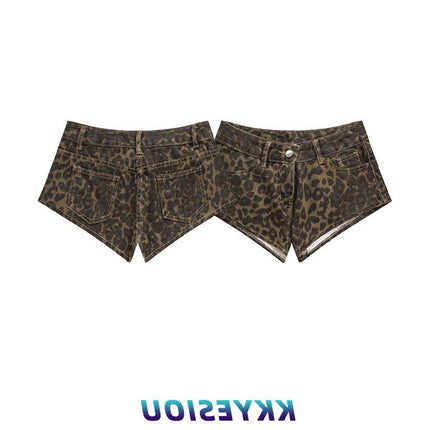 American Hot Girl Leopard Print Design Denim Shorts Women's Summer High Waist Hip-Hop Street Versatile Casual Hot Pants Ins
