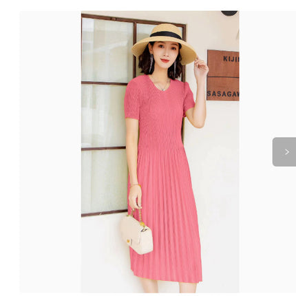 Miyake pleated 2025 summer new temperament round neck printed pleated skirt fashion waist thin magic dress